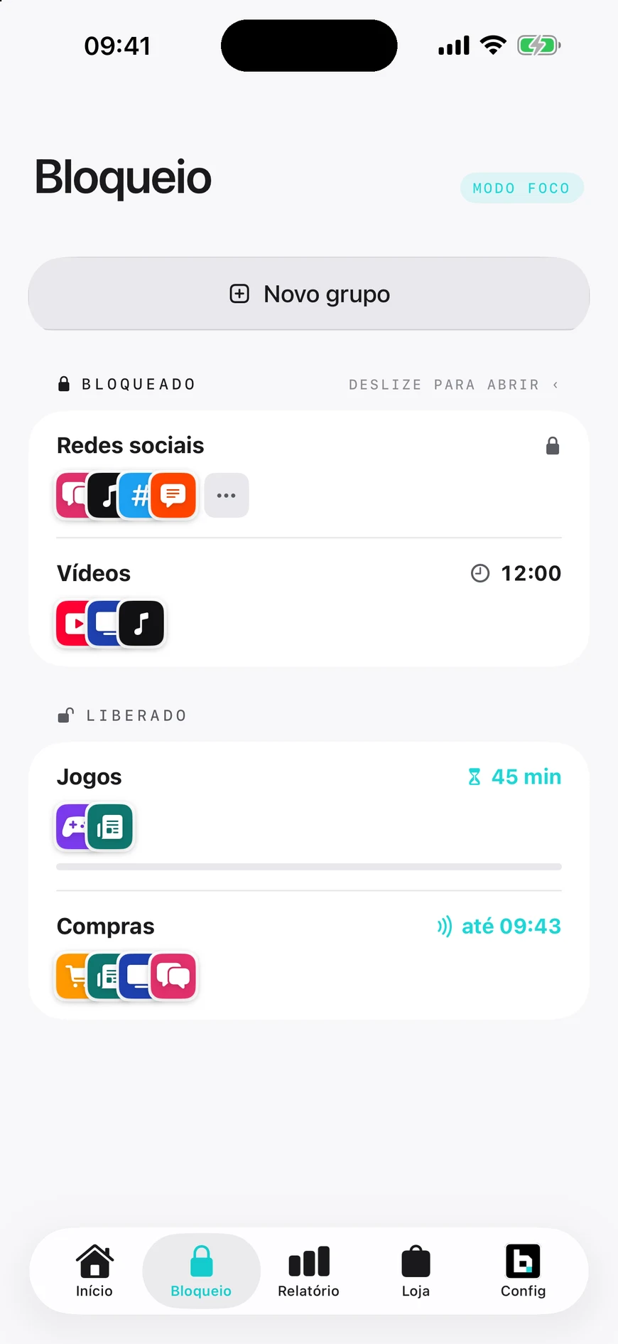 Tela Bloqueio do app: grupos Redes sociais e Vídeos bloqueados, Jogos e Compras liberados