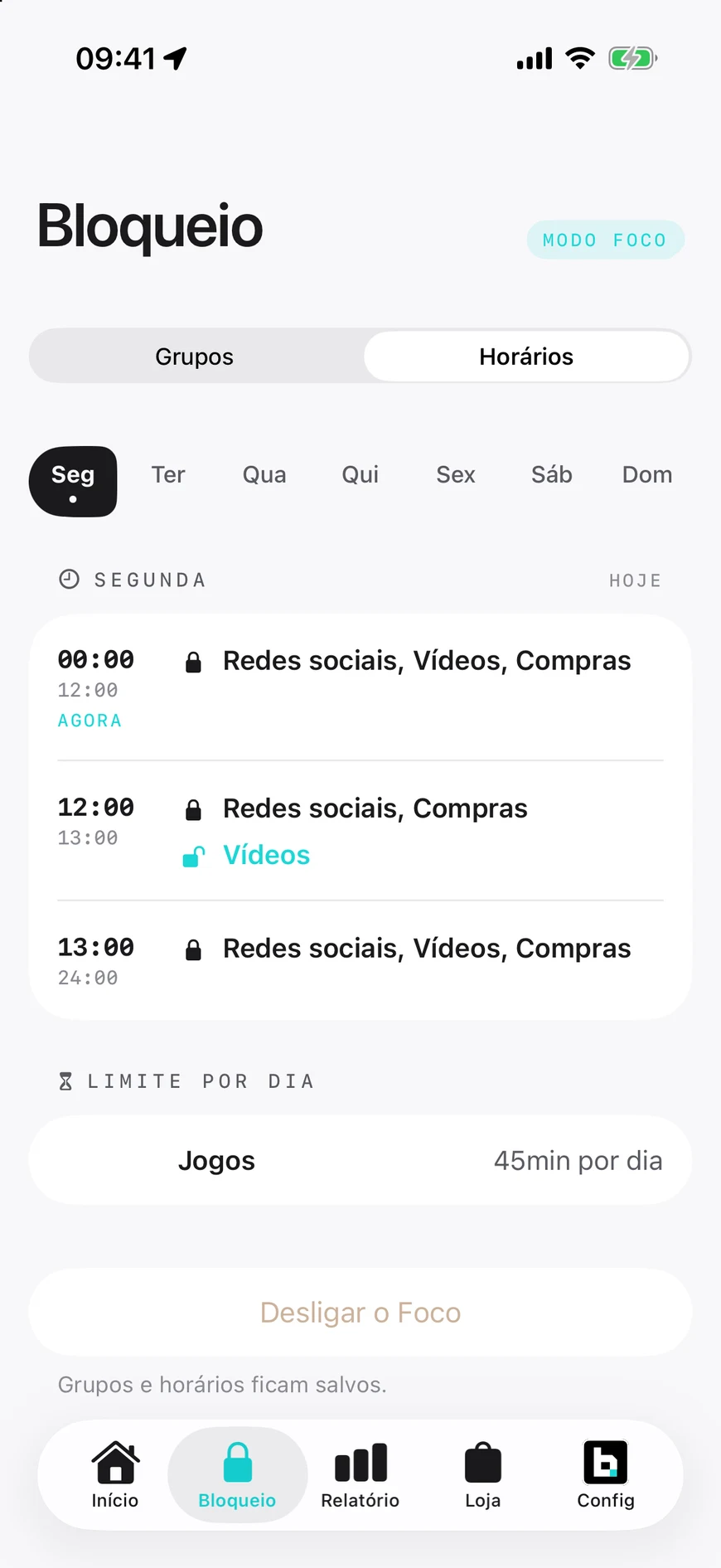 Tela Horários do app: o dia em faixas, com o que fica bloqueado em cada uma